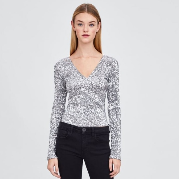 silver sequin top with sleeves